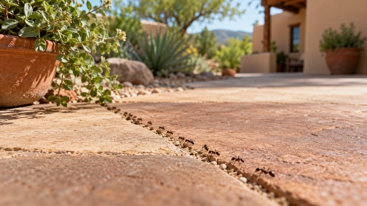 Accurate small ant trail along Southwest patio stone joint