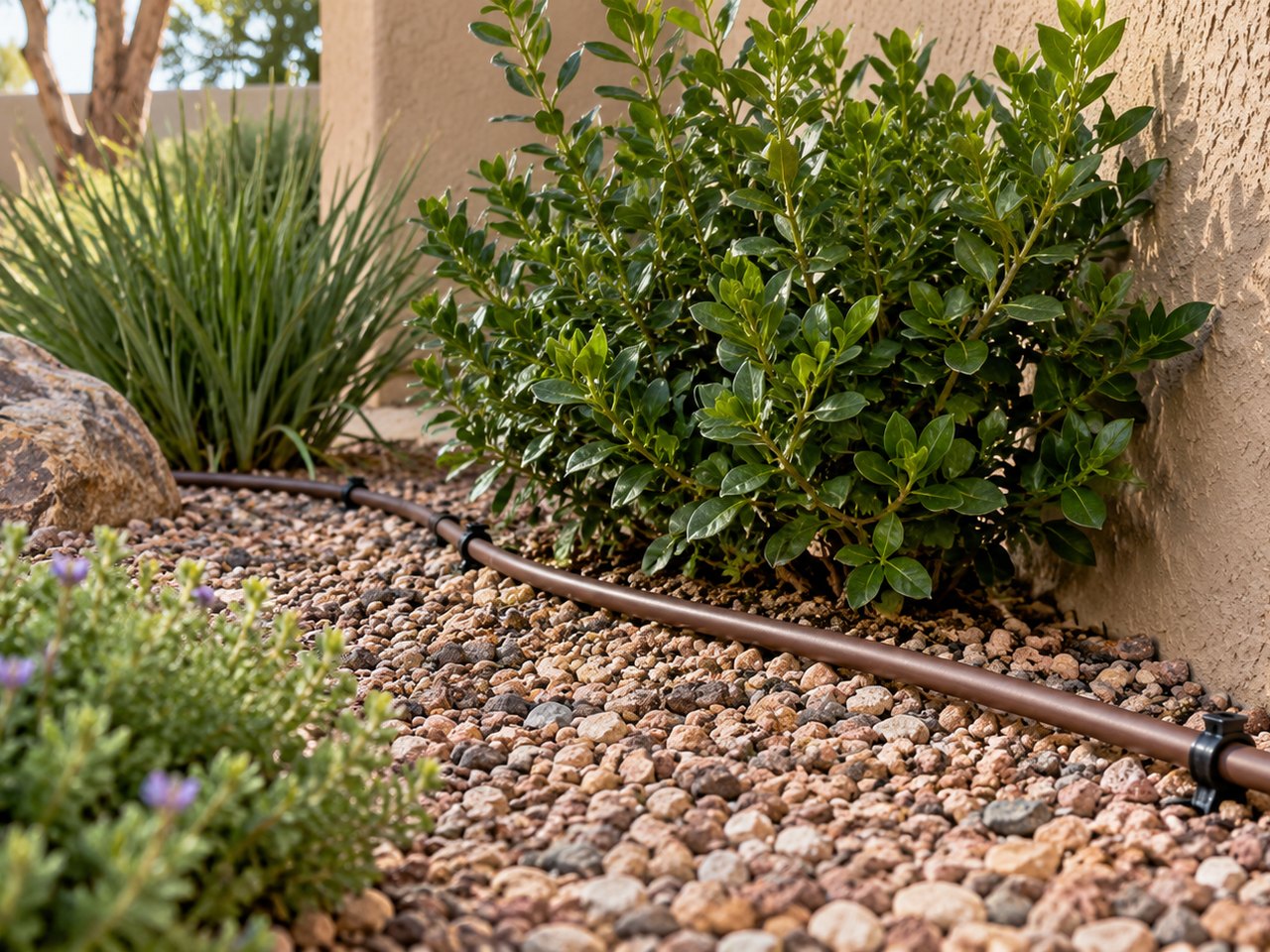 Illustrative irrigation tube and gravel bed beside a stucco wall