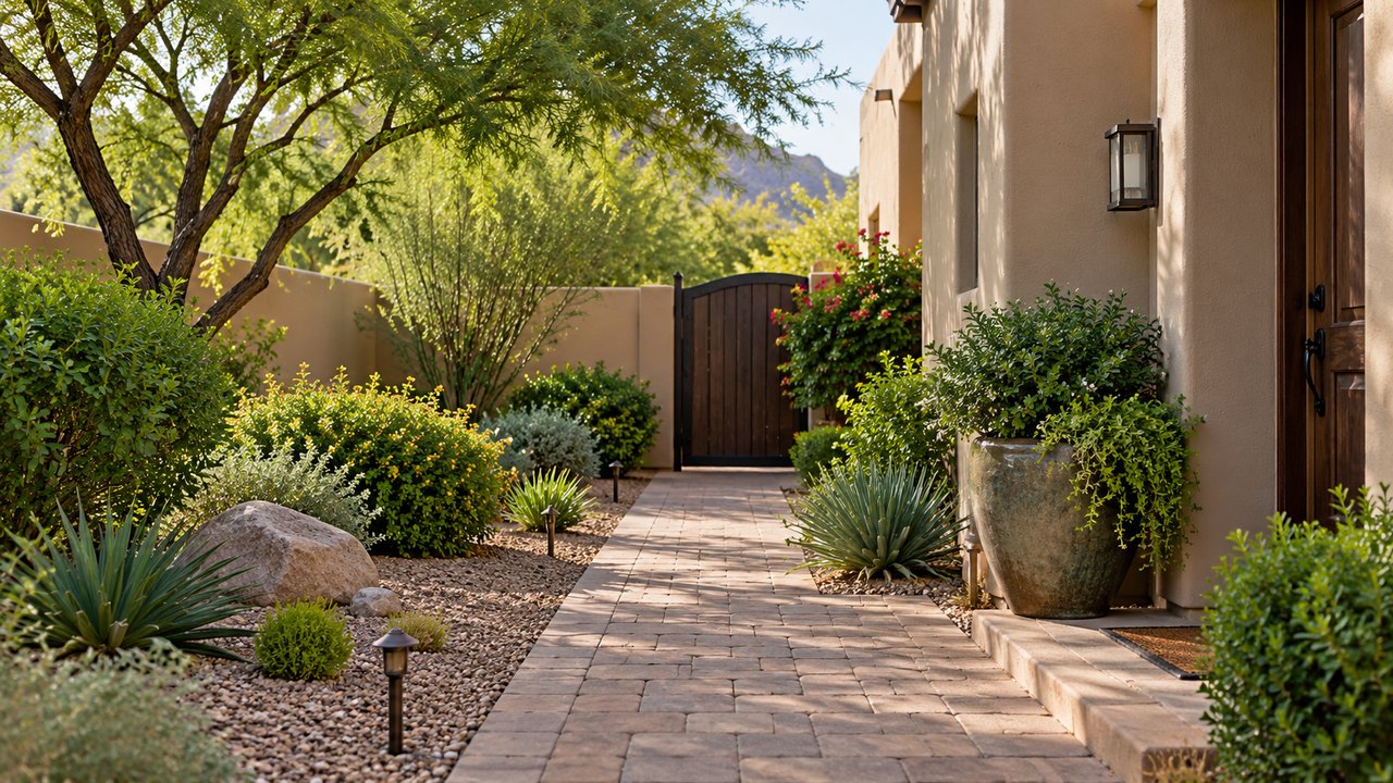 Illustrative valley-style Southwest courtyard with planting and side entrance