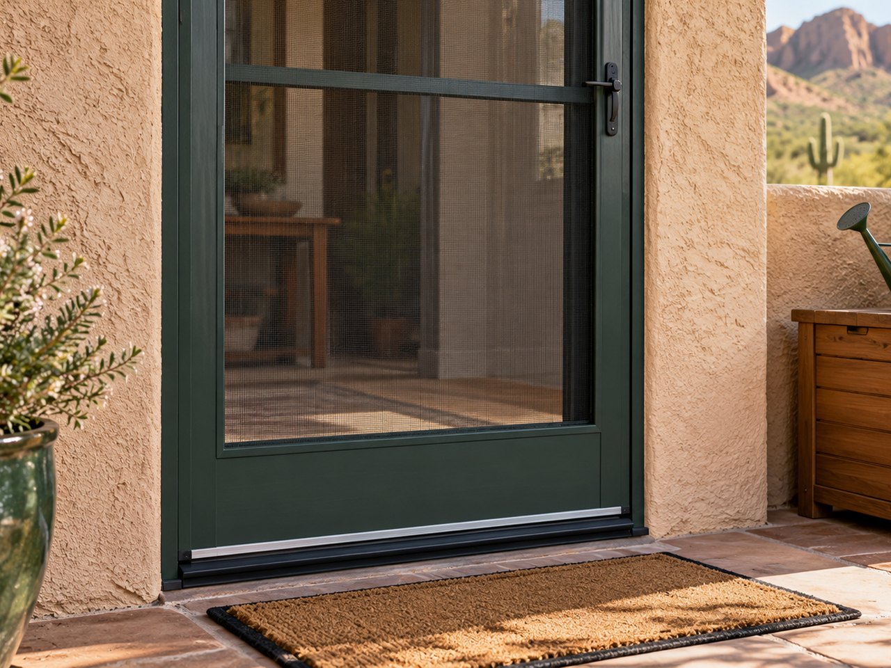 Illustrative screen, door sweep and orderly outdoor storage