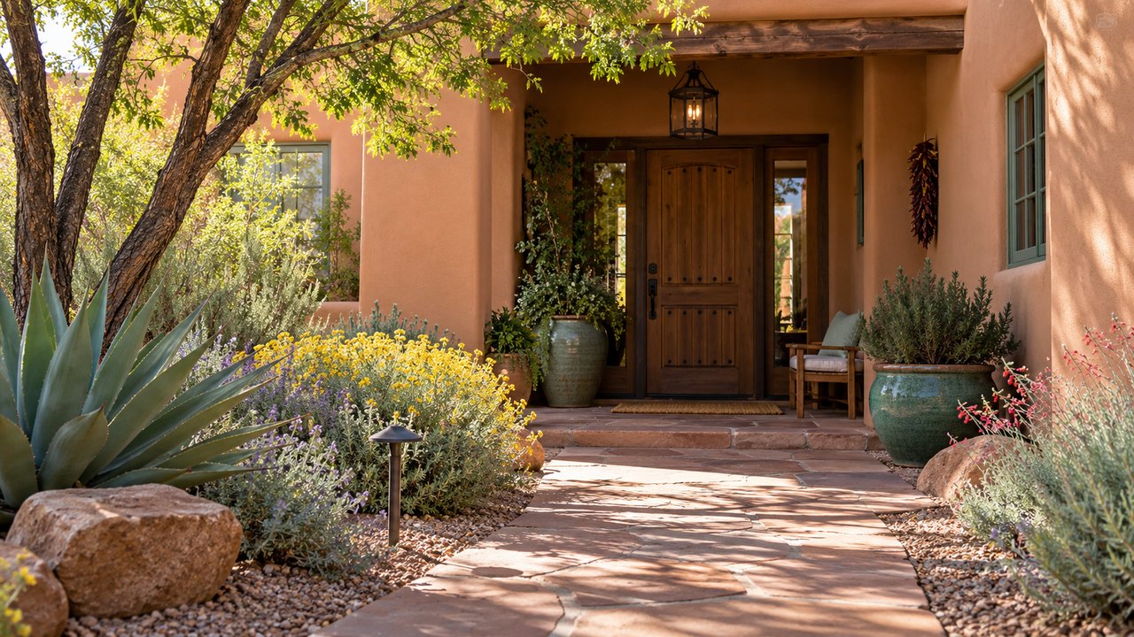 Illustrative Northwest-style stucco patio with shaded doorway and desert planting