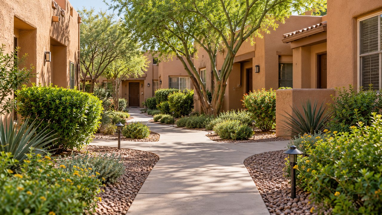 Illustrative Southwest residential walkway and shared-property entrances