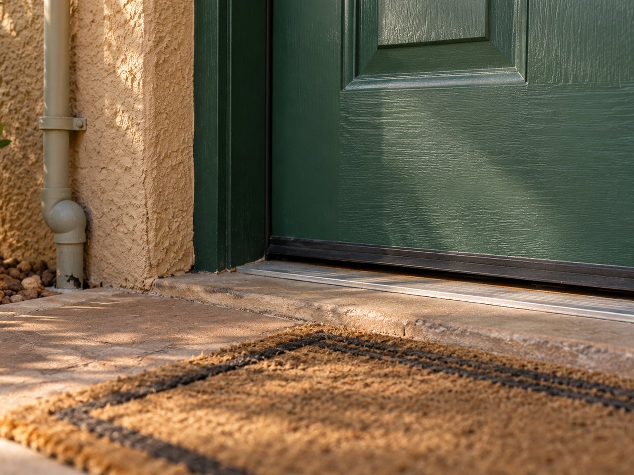 Illustrative door threshold and utility pipe penetration beside a stucco wall
