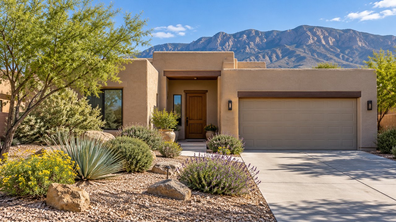 Illustrative high-desert stucco home with gravel landscaping and garage entrance