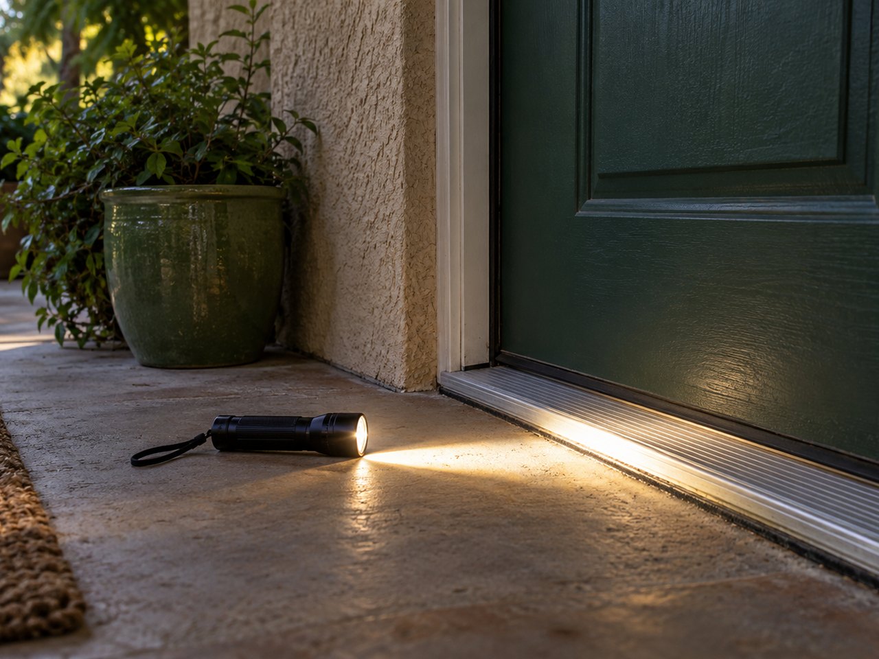 Illustrative flashlight illuminating an accessible exterior door threshold