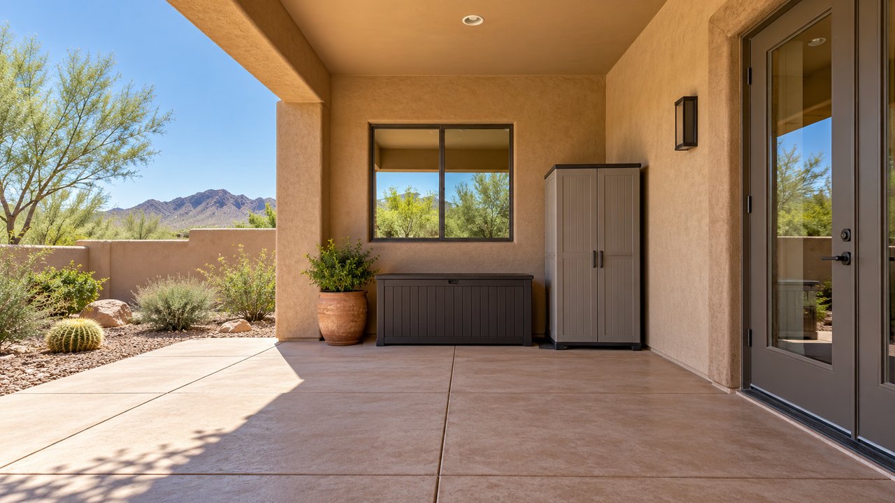 Illustrative shaded Southwest patio with storage and accessible doorway edges