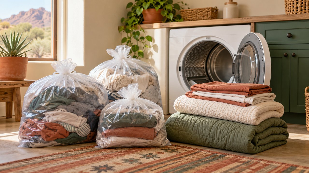 Bagged laundry and folded bedding beside dryer in neutral Southwest home laundry room