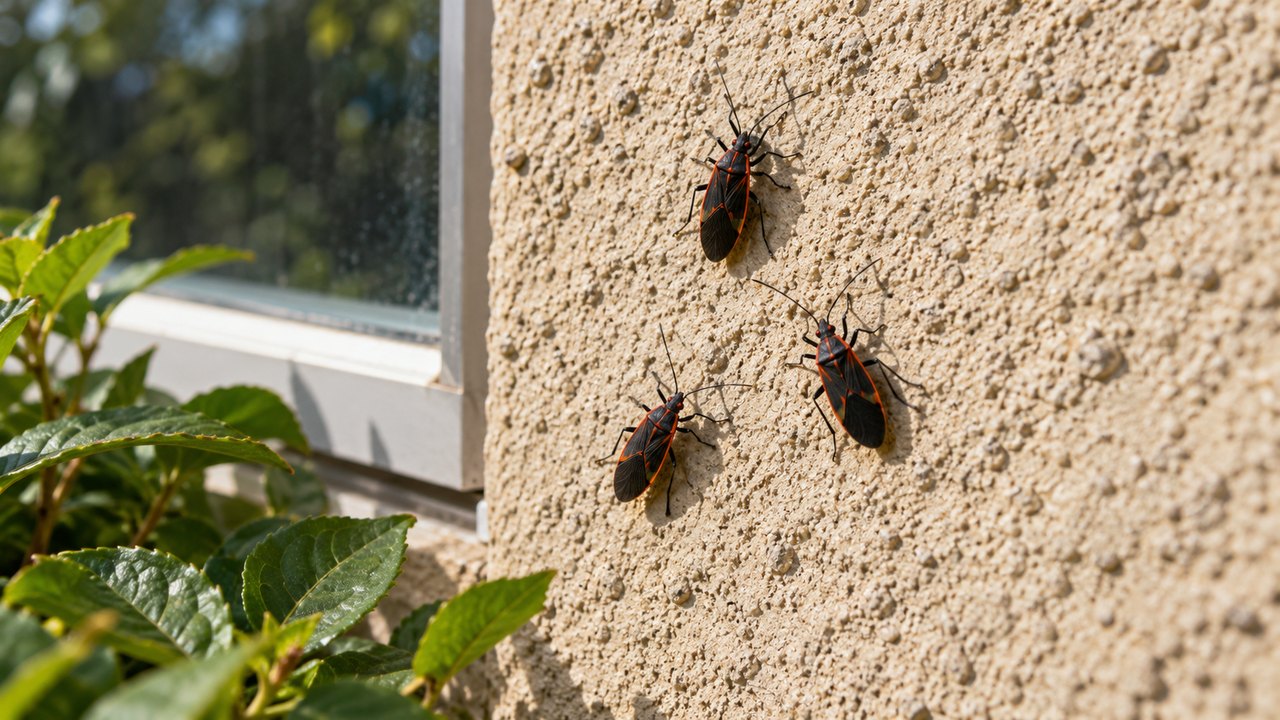 Illustrative close view of small red-and-black boxelder bugs on an exterior wall
