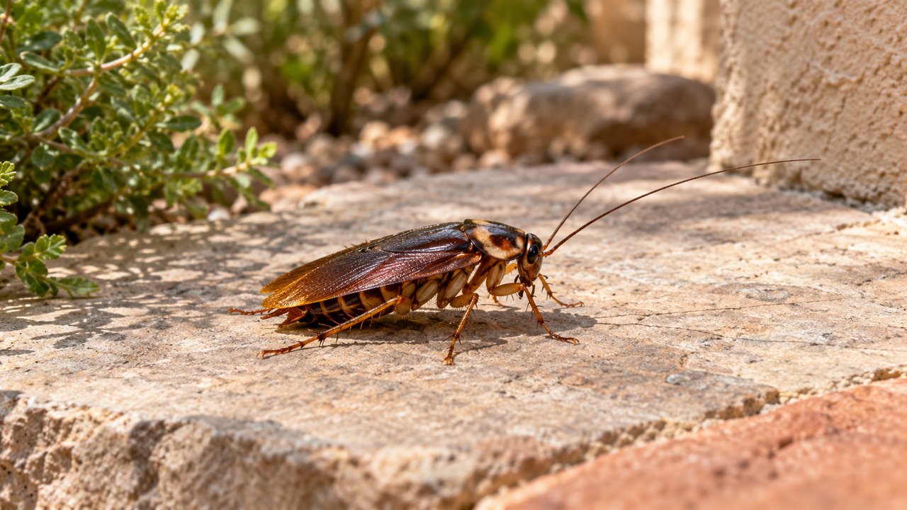 Editorial close photograph of accurate single cockroach on neutral outdoor stone, not exaggerated