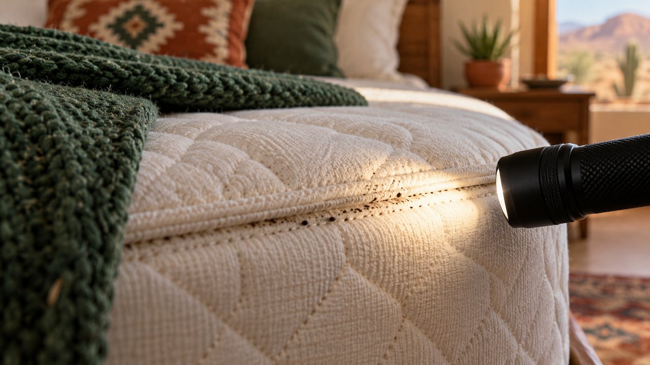 Neutral mattress seam with inspection flashlight and accurate subtle dark spotting