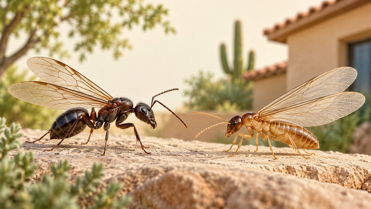 Scientifically accurate comparison illustration of winged ant and winged termite on warm ivory background, no labels