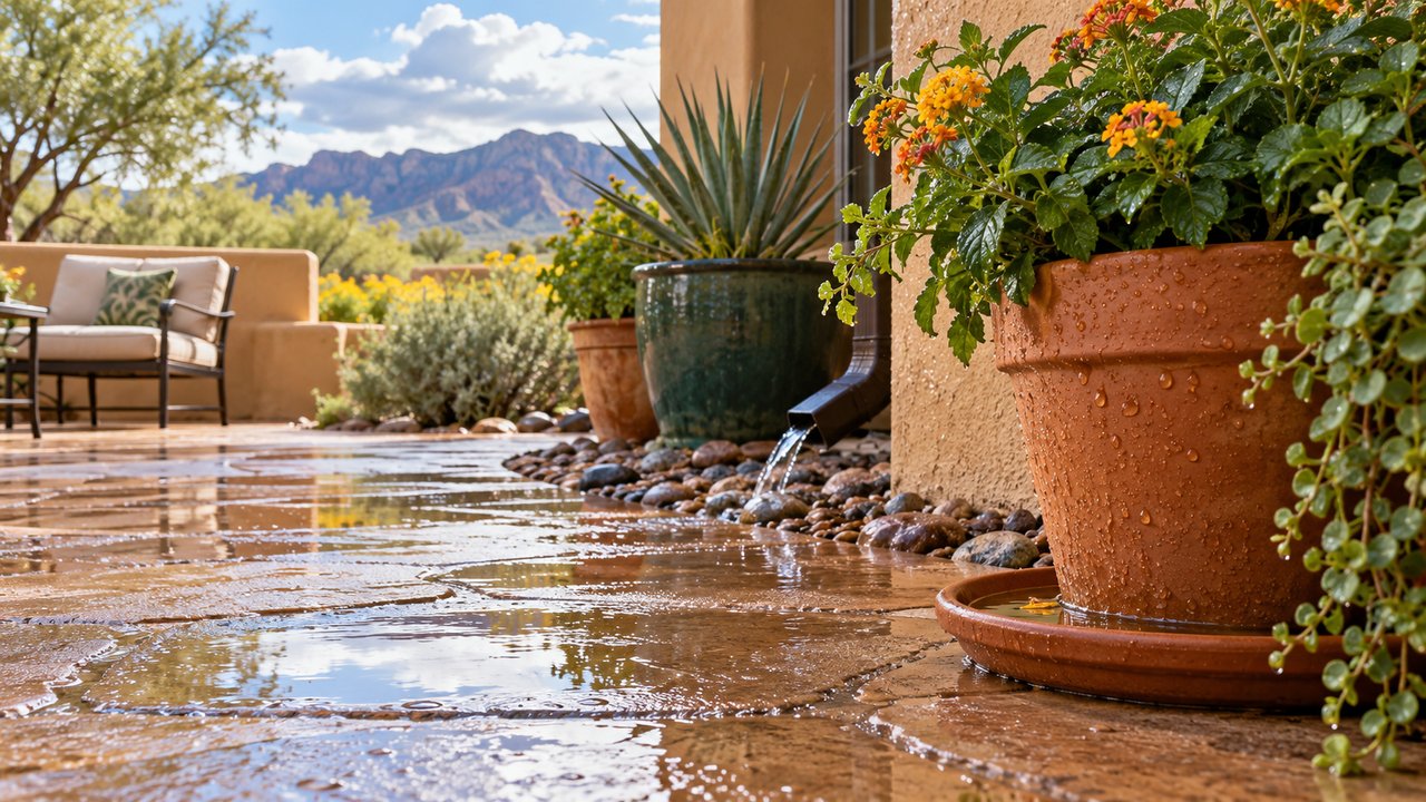 Southwest patio after summer rain with small water-filled plant saucer and clear drainage