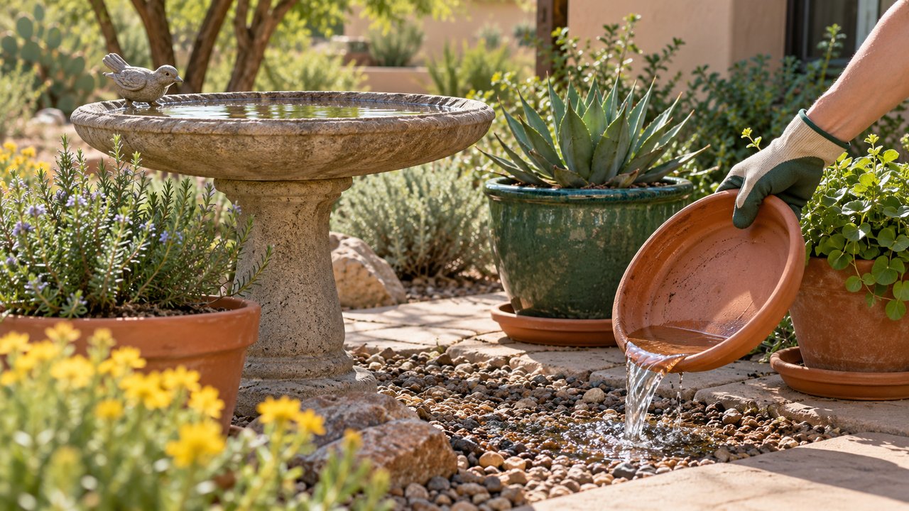 Birdbath and plant saucers in Southwest garden, one saucer being emptied by realistic gloved hand