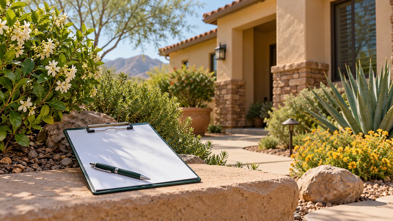 Exterior home inspection clipboard beside seasonal landscaping, no readable text or people