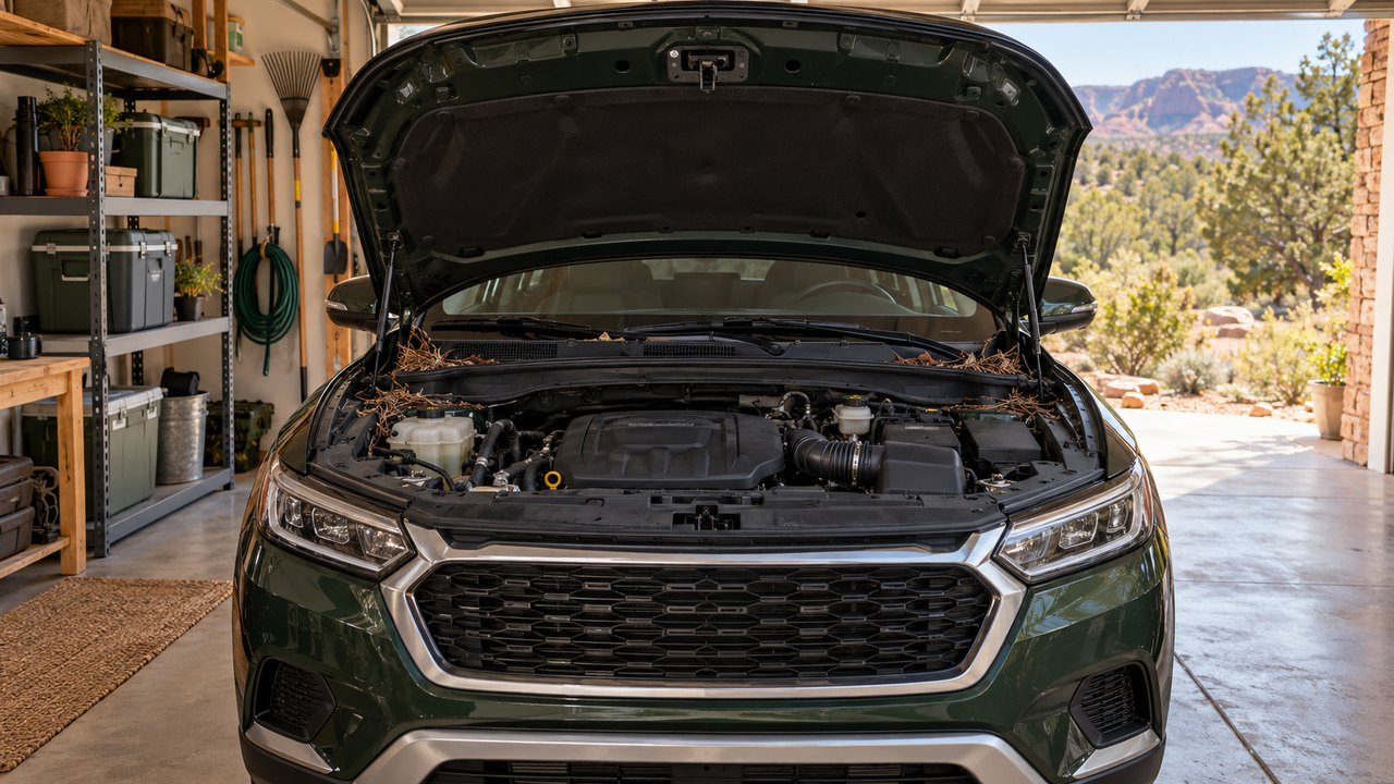 Illustrative garage and vehicle inspection setting with subtle dry twig debris