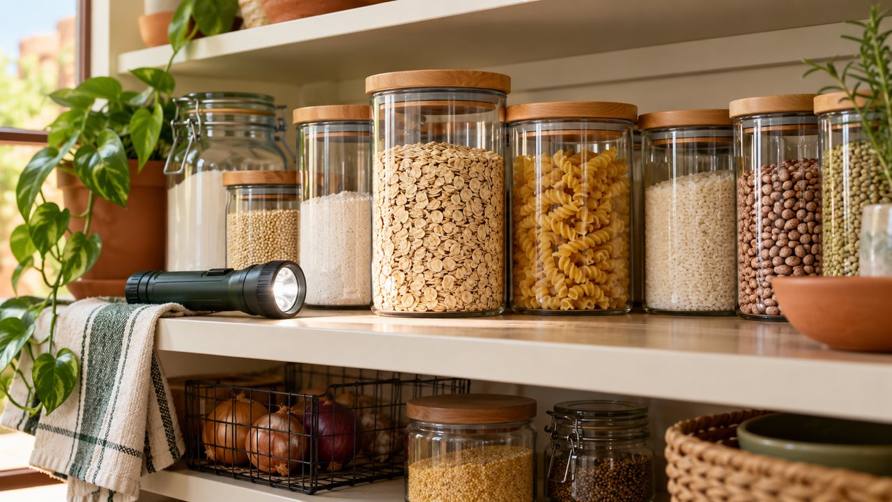 Clear sealed dry food jars and neutral pantry shelves with inspection flashlight