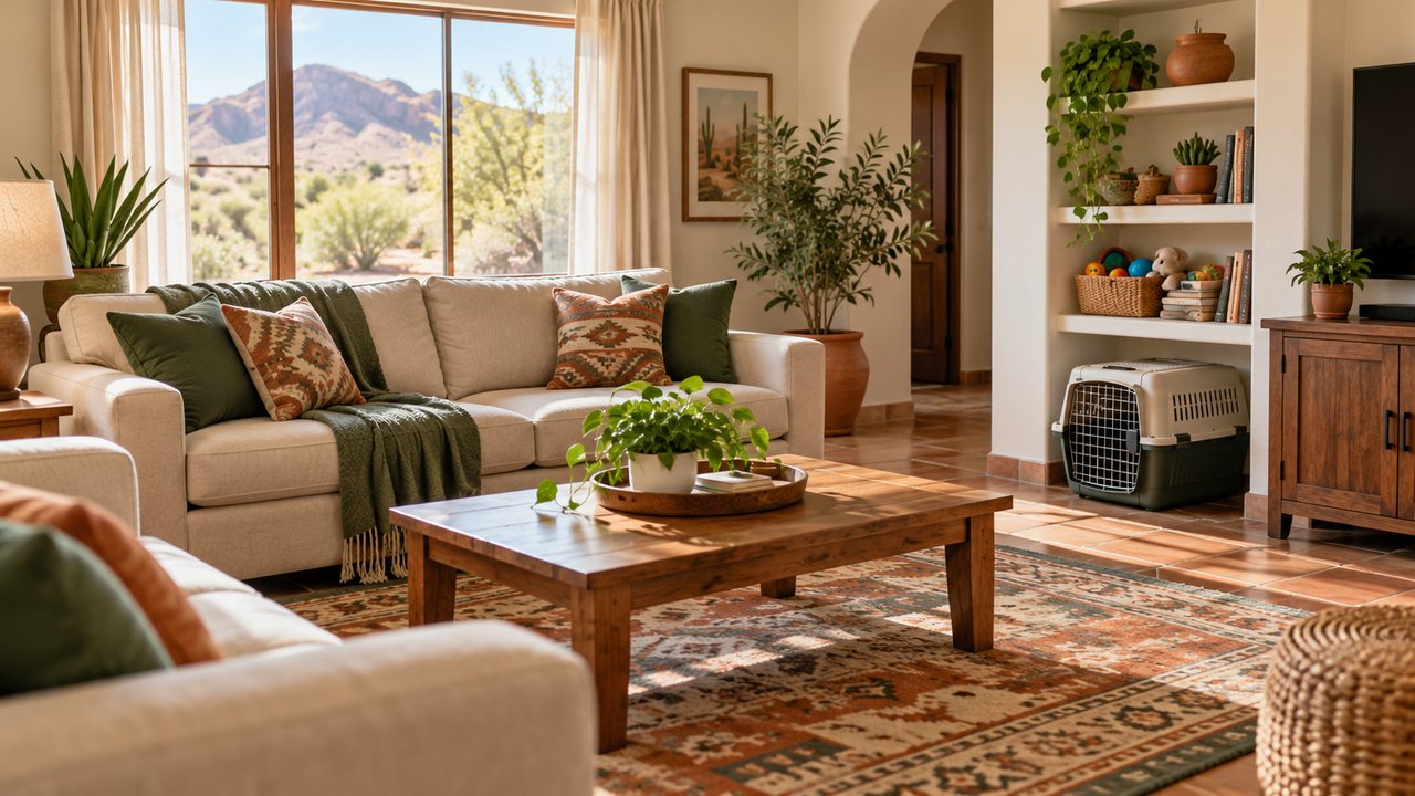 Tidy Southwest living room with closed pet carrier and children's toys stored away, no people or animals