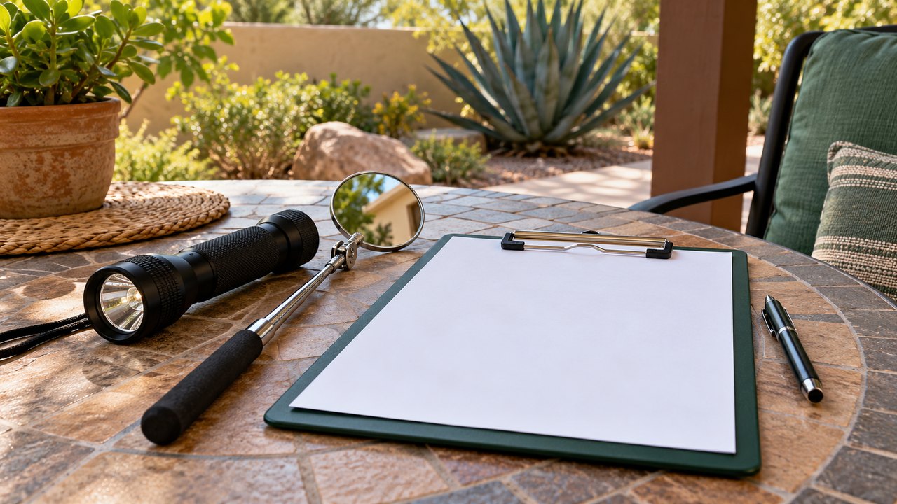 Illustrative inspection tools and clipboard with a blank estimate sheet
