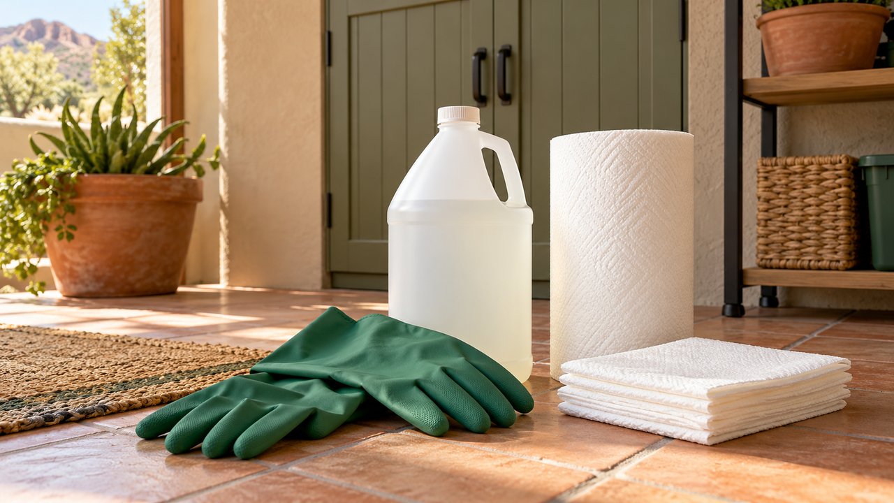 Rubber gloves, labelled-neutral disinfectant container, paper towels beside closed storage area, no exposed contamination