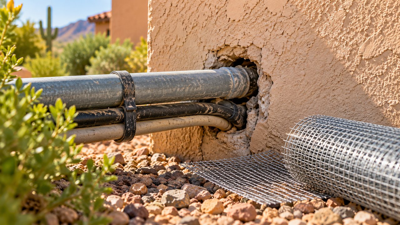 Close photo of weathered Southwest exterior utility penetration and metal mesh repair material