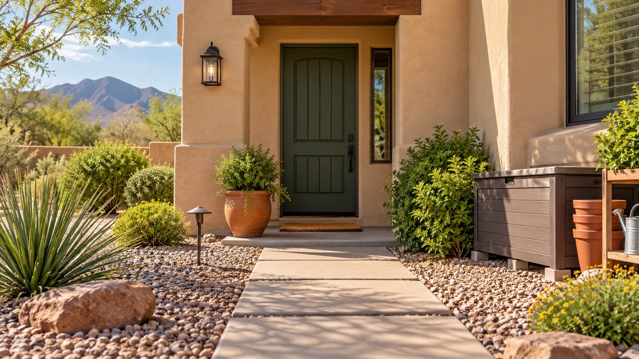 Southwest stucco doorway with gravel landscaping and orderly raised storage, no animals or people
