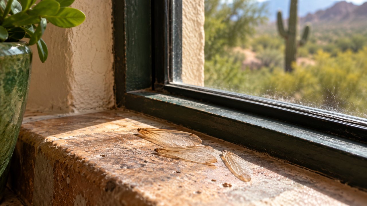 Illustrative discarded insect wings on a Southwest home windowsill