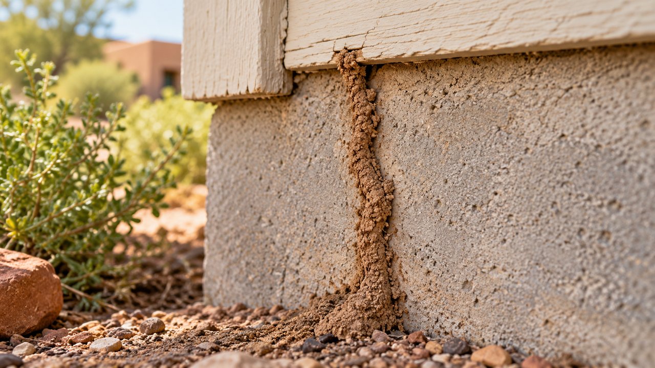 Realistic termite mud tube on concrete foundation with neighboring wood trim