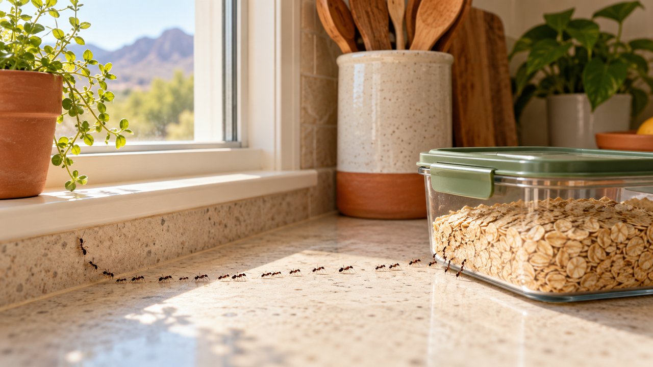Accurate ant trail near kitchen window and sealed food container with neutral background