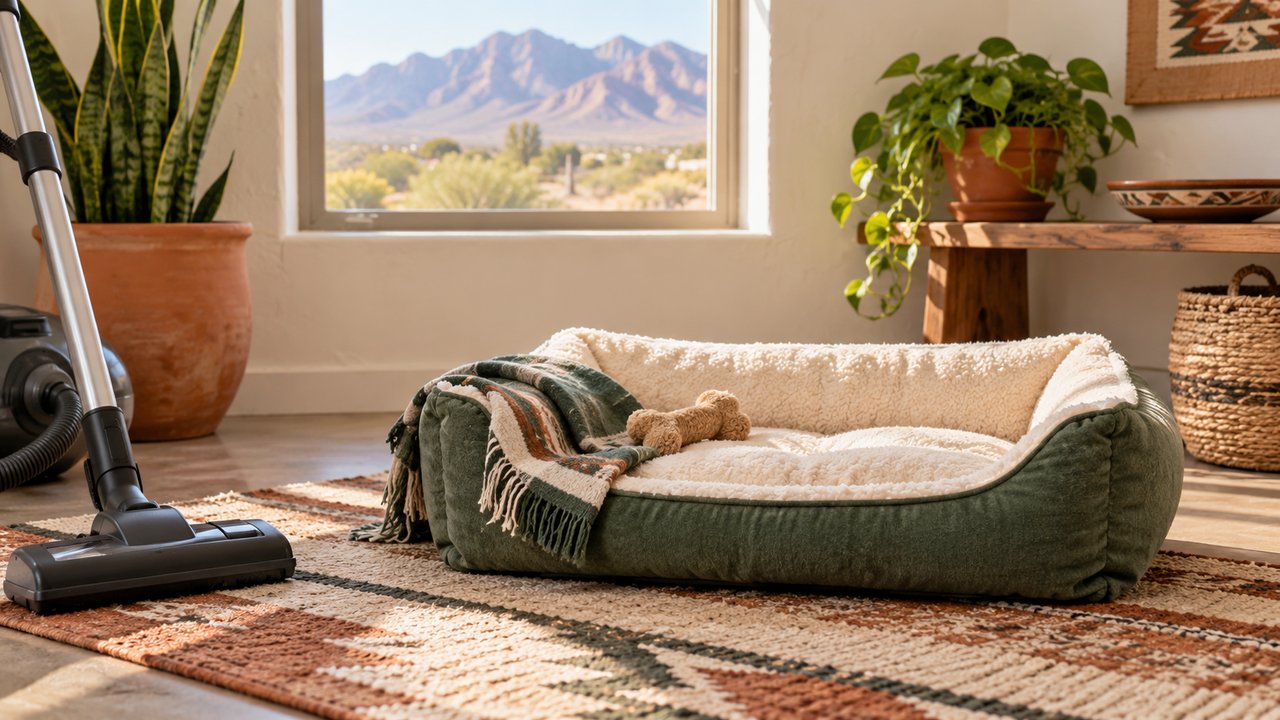 Tidy pet bedding and vacuum in a Southwest home's neutral room