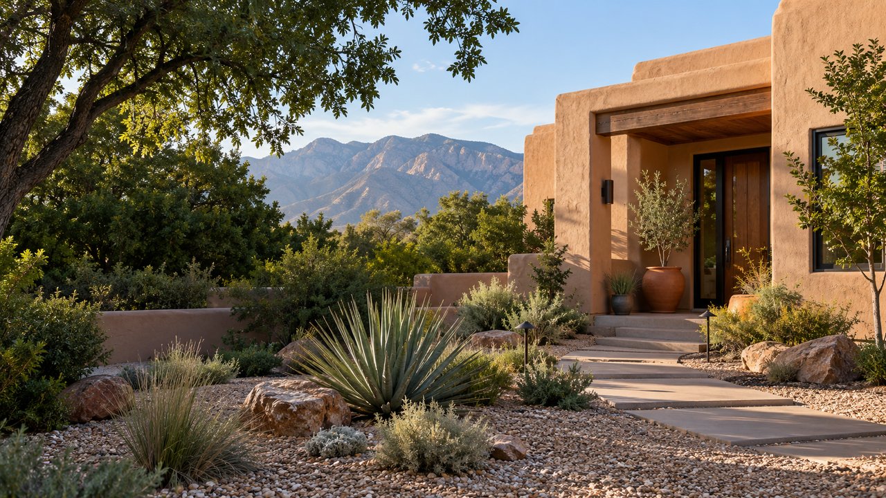 Illustrative Albuquerque-style stucco home with desert landscaping