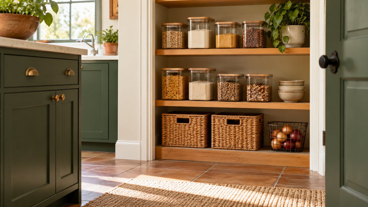 Illustrative tidy kitchen pantry and accessible cabinet edges