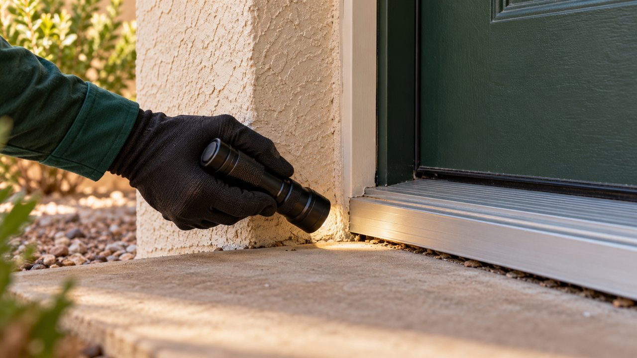 Illustrative flashlight inspection at a stucco doorway