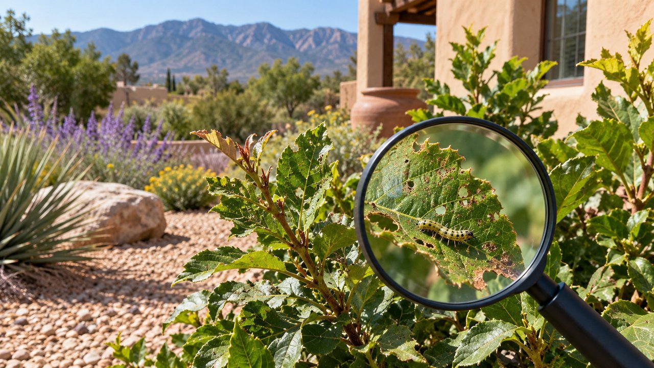 Southwest ornamental planting with realistic leaf damage and inspection context