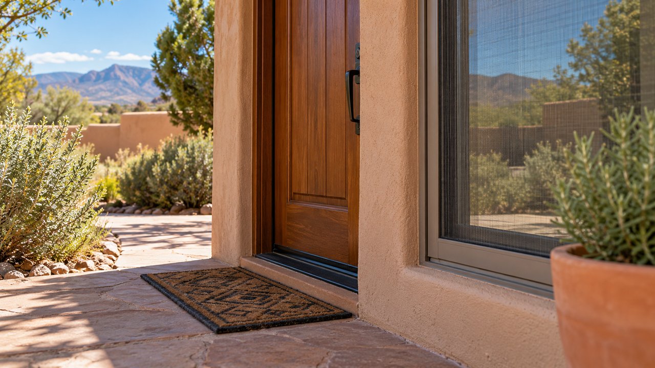Southwest door threshold and intact window screen with natural outdoor setting