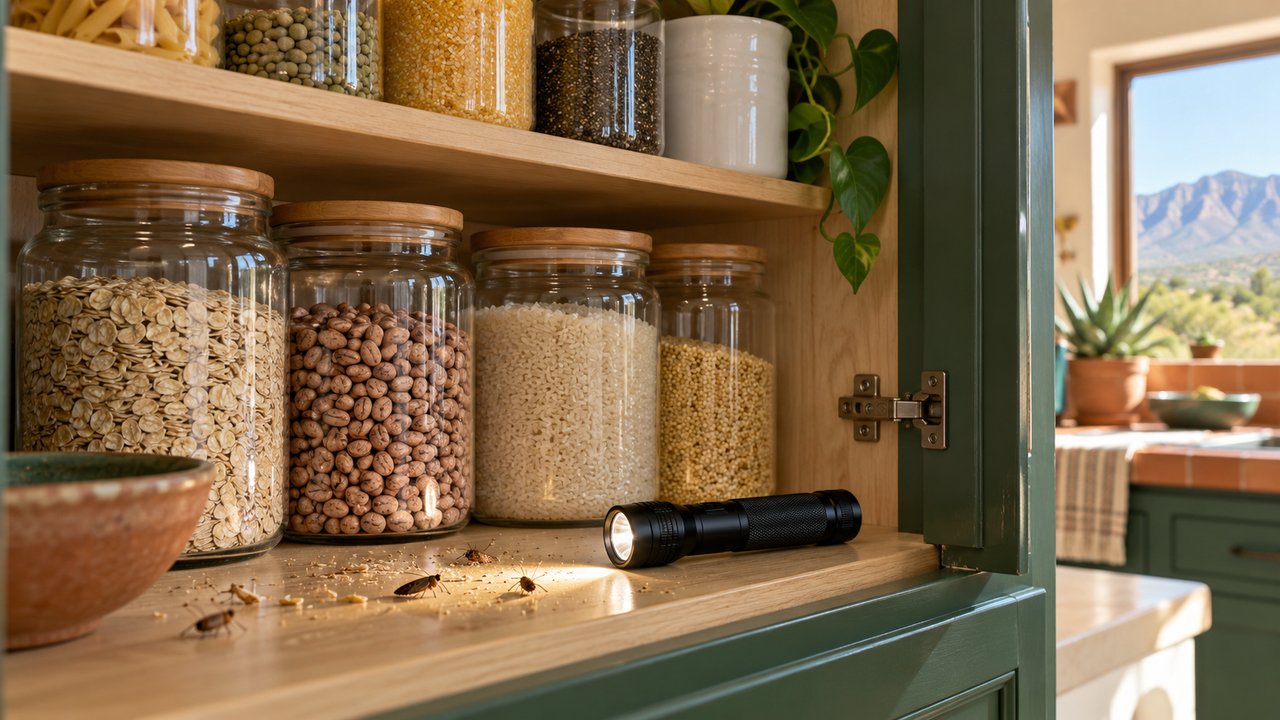 Opened pantry with sealed dry food jars and inspection flashlight, no branded packaging