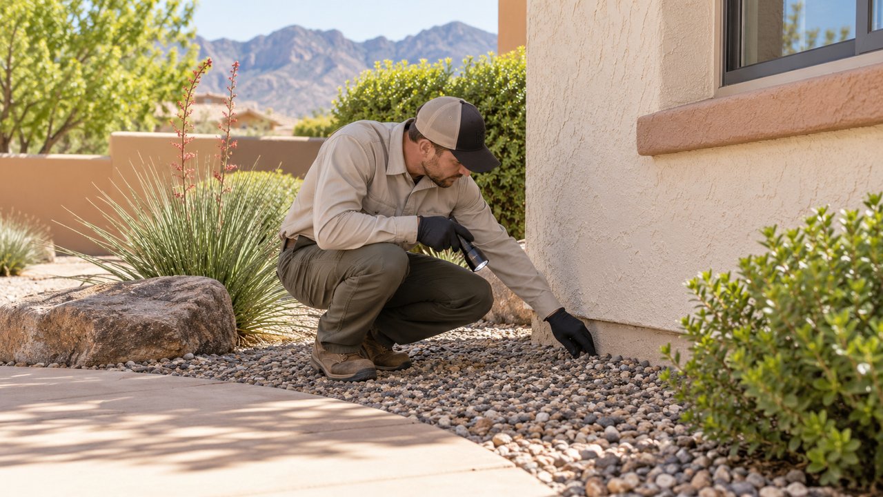 Exterior inspection of home perimeter with tidy landscaping