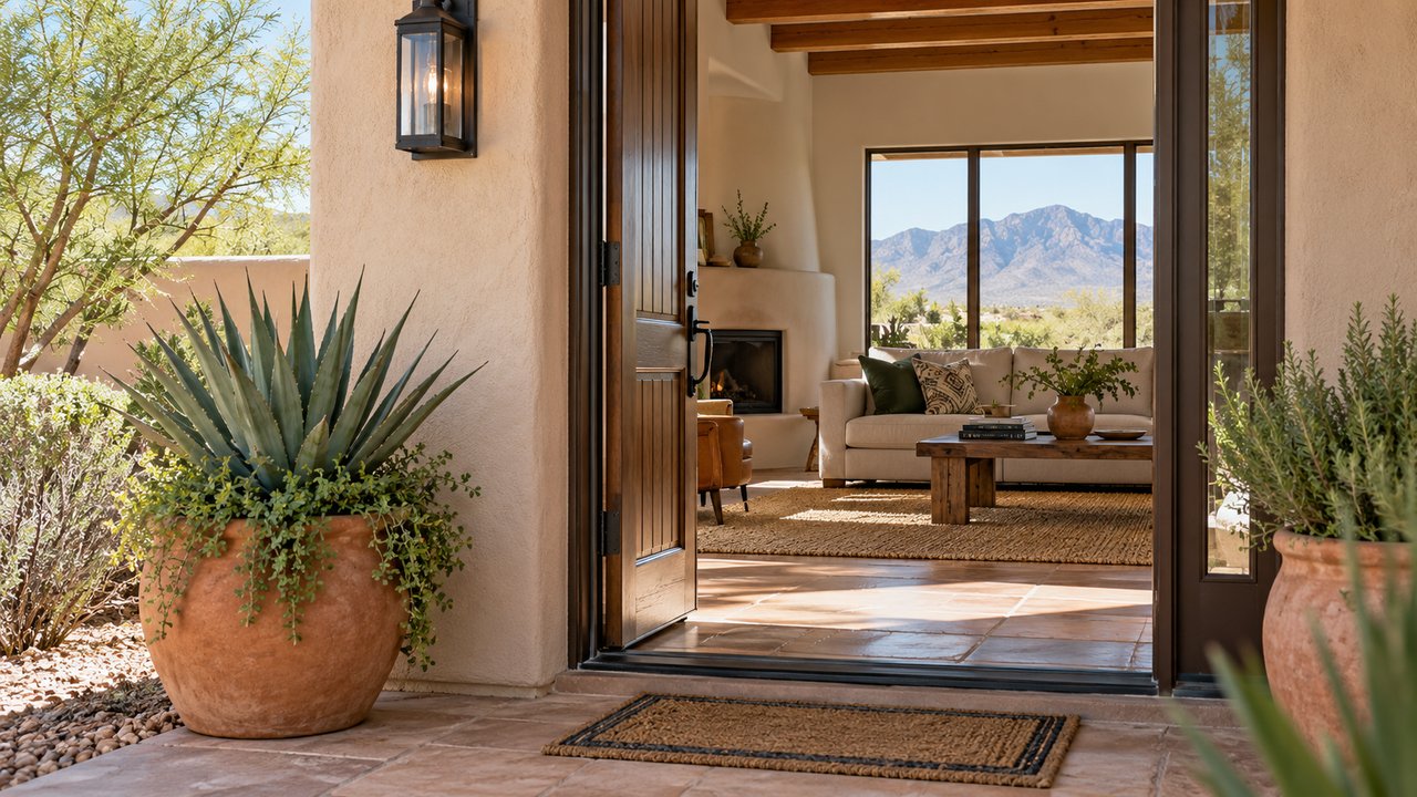 Illustrative Southwest home entrance and property context