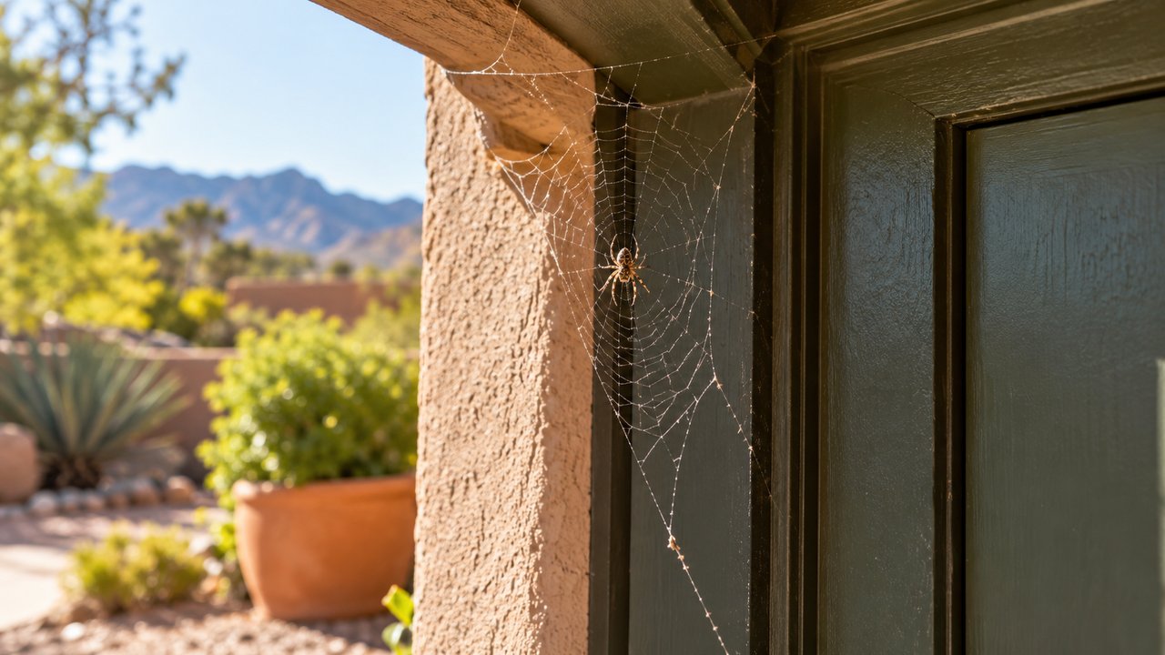 Accurate small spider web in Southwest outdoor doorframe with natural light