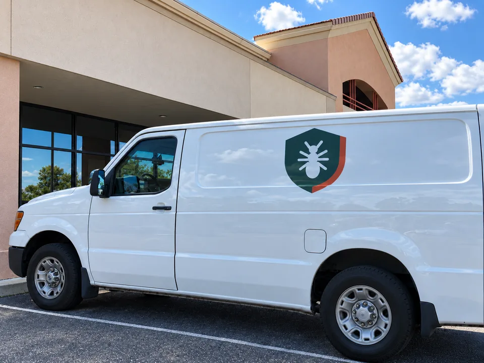 White pest control service van outside a building