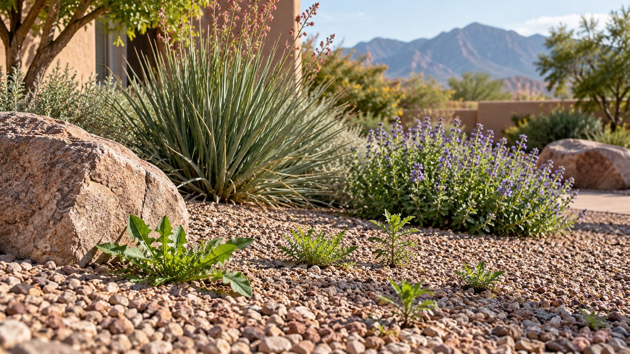 Natural Southwest gravel landscaping with a few emerging weeds and ornamental plants
