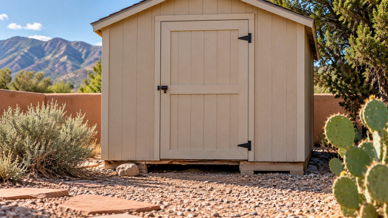 Unoccupied Southwest shed exterior with a visible wildlife access gap, no trapped animals